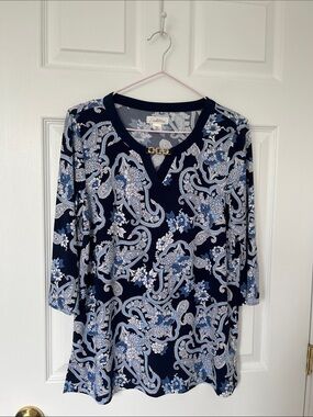 SUMMER SALE- Tradition  Navy and Light Blue Paisley V-Neck Tunic with Gold Accen